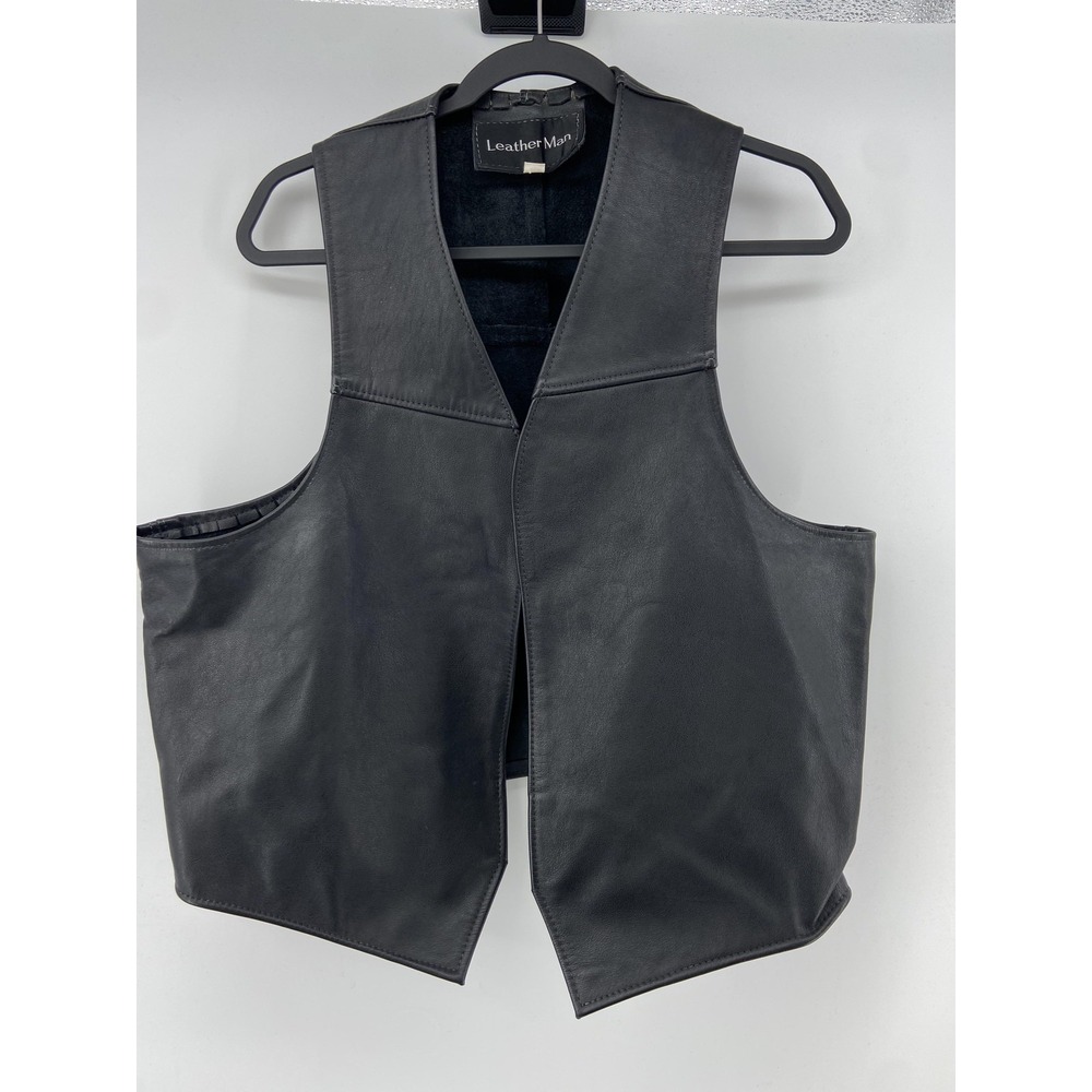 Leather Mens Biker Vest Mens 40 Black Open Moto Pockets